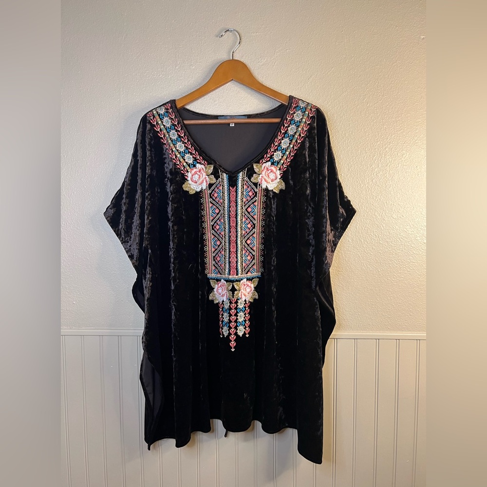 Madeline Embroidered Floral Chocolate Brown Velvet Tunic